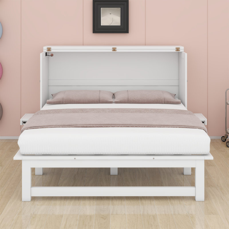 White Queen Murphy Bed Cabinet with Charging Station and Side Shelves, Space-Saving Wall Bed Frame, White, Queen