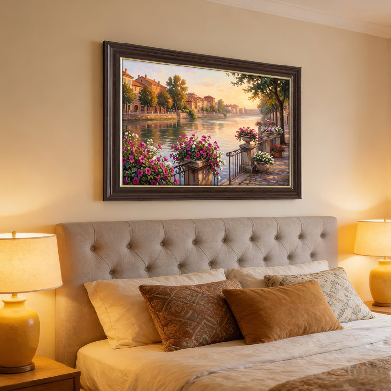Art mural antique sur toile encadré doré pour le salon, la chambre à coucher, le bureau ou le vestibule - décoration murale décorative avec scène de rivière