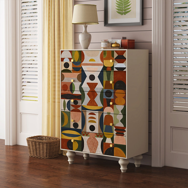 Commode d'appoint avec cinq tiroirs Retro, Blanc ivoire
