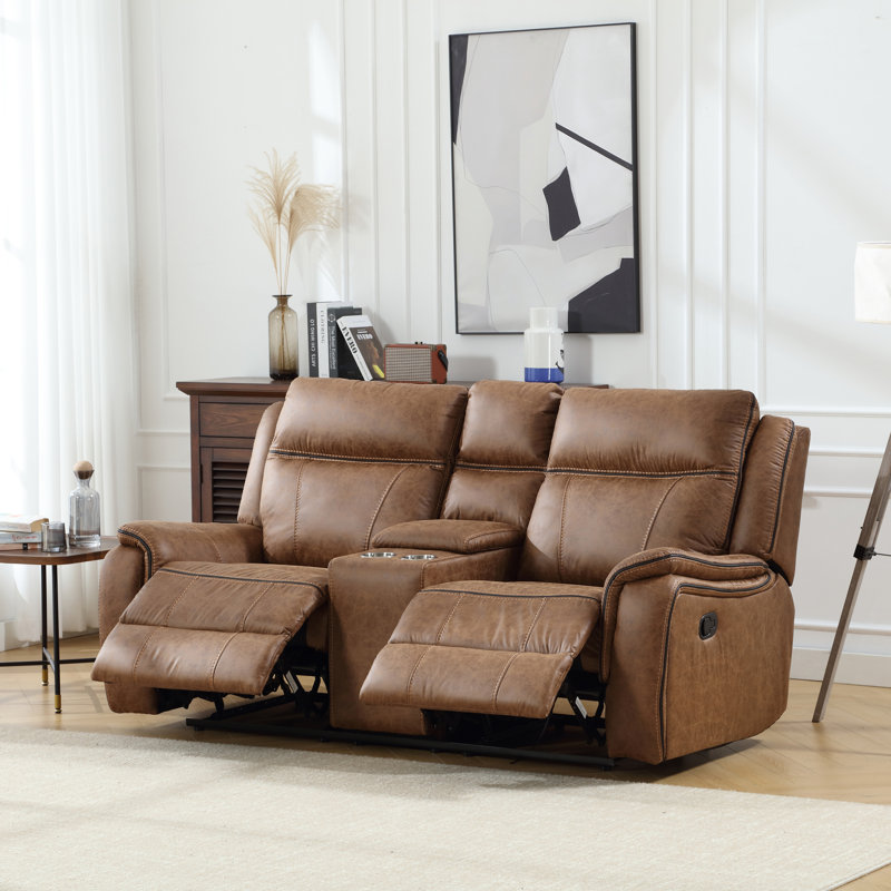 Caleb 74.4" W Stain Resistant Microsuede Reclining Loveseat with Storage and Cupholders, Brown Microfiber/Microsuede