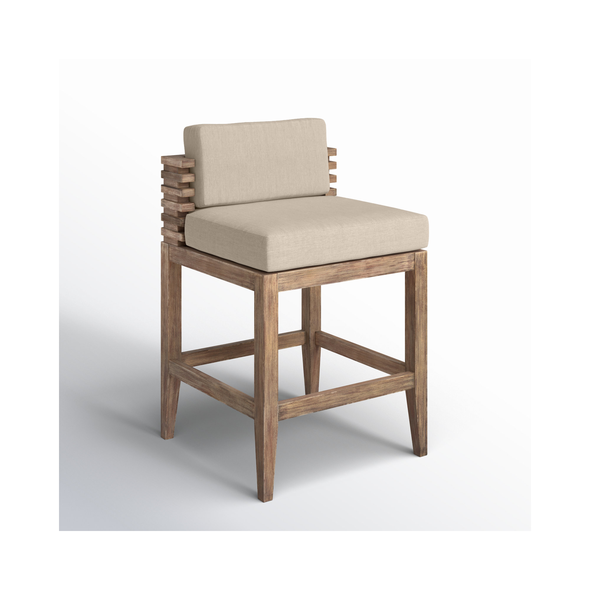 Aerilyn Wood Outdoor Bar Stool with Cushion, 27.50" H, Light Brown, Taupe Performance