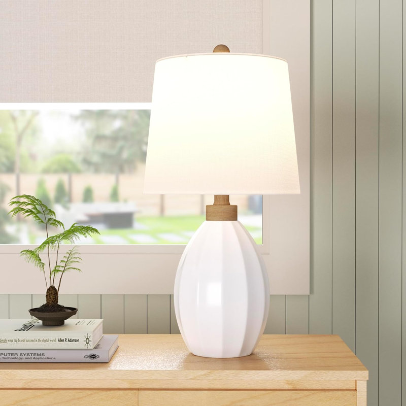 Lampe de table moderne en céramique blanche de 60 cm avec abat-jour en lin pour chambre ou salon
