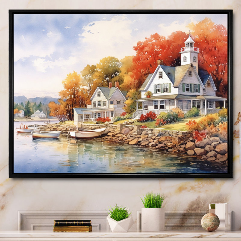 Connecticut's Lake Village Charm I, reproduction d'art sur toile, H 12 po x l 20 po x P 1 po, Cadre flottant noir