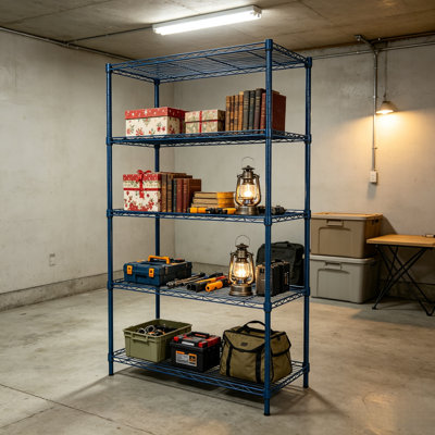 Blue 5‑Tier Adjustable Metal Wire Storage Shelving Unit, Freestanding Heavy‑Duty Utility Rack for Garage, Basement & Pantry