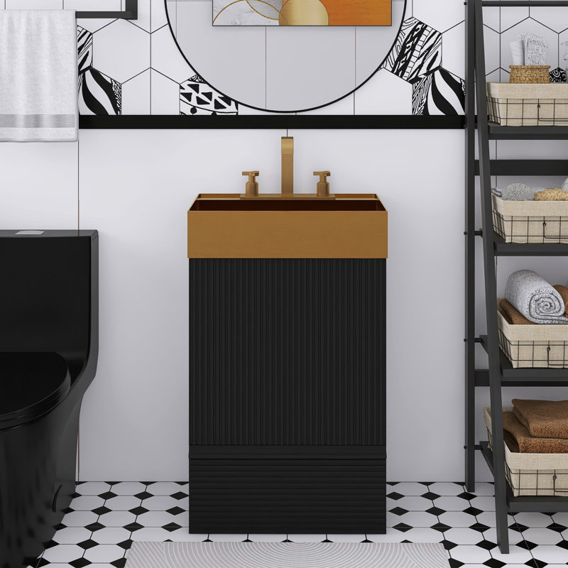 Meuble-lavabo autoportant à rayures 20 po avec lavabo intégré en acier inoxydable 304 brossé, Noir matière