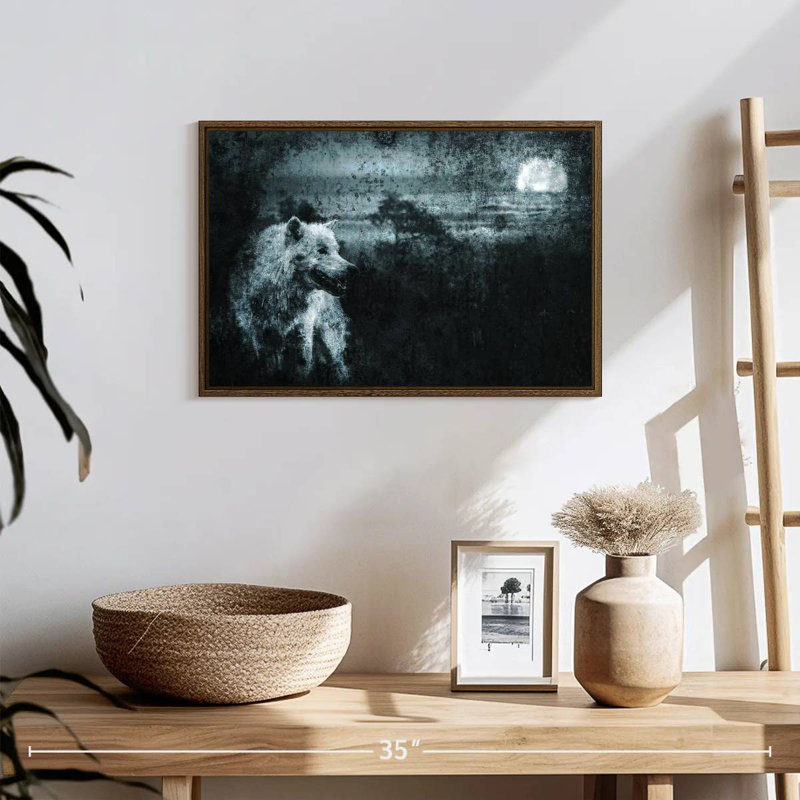 Loup solitaire blanc, 19 po x 13 po, Cadre flottant noyer