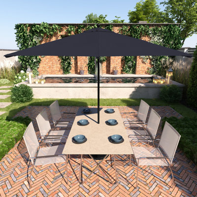 Parasol de patio 11 pi noir avec poulie à nervures en fibre de verre Sunbrella bleu marine