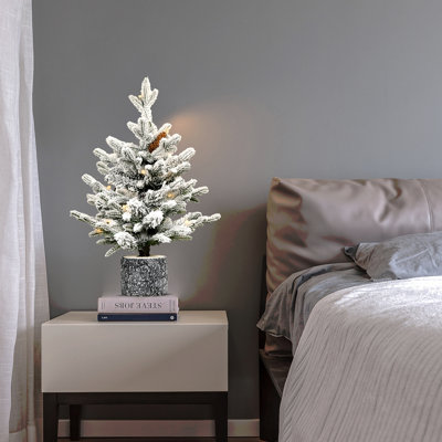 3FT Flocked Christmas Tree With Pot Base, 70 Warm  LED Lights, 365 Tips, PE+PVC Branches With 7 Pine Cones – Small Prelit Holiday Tree For Tabletop, Entryway, Or Home Decor