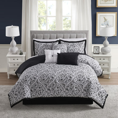 Trieste 7 Piece Damask Jacquard Comforter Set,  White/black
