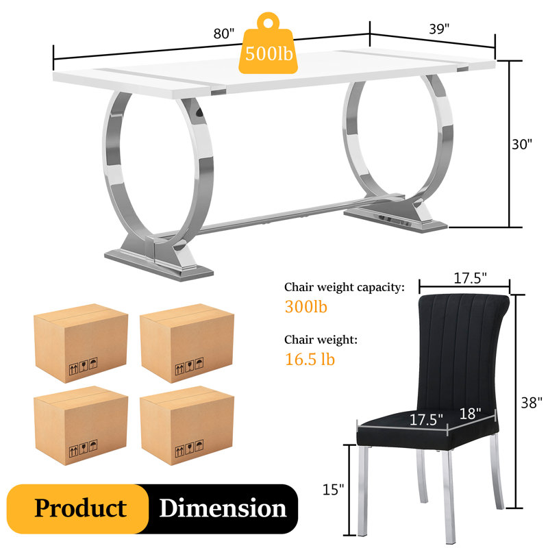 7 Pc 80" Doyle Dining Table Set, Black/Silver, Silver