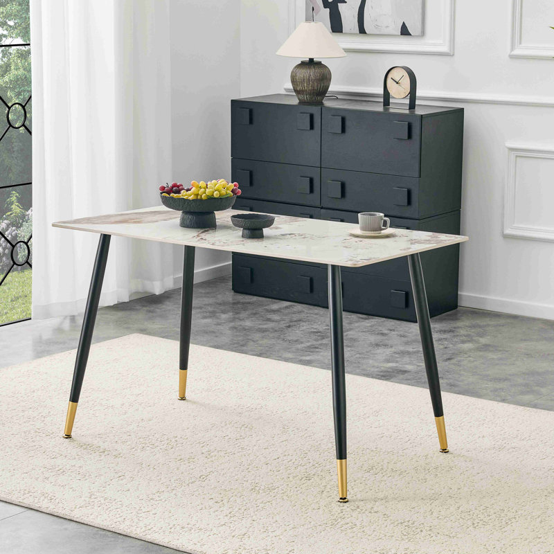Table de salle à manger rectangulaire moderne, plateau en pierre frittée de qualité supérieure avec base en métal robuste, table de cuisine et de salle à manger résistante à la chaleur et aux égratignures (1 table)
