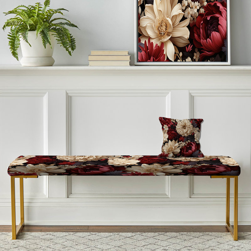 Upholstered Gold Bench, Renaissance Red Peonies Botanical Pattern II