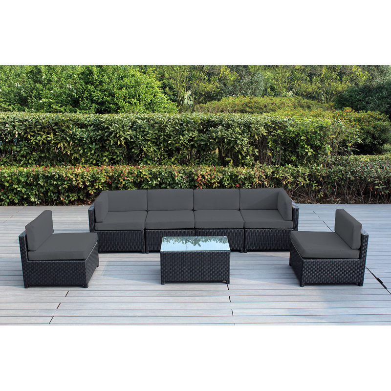 Brough 6 Person Outdoor Seating Group with Cushions - No Assembly, Gray, Black