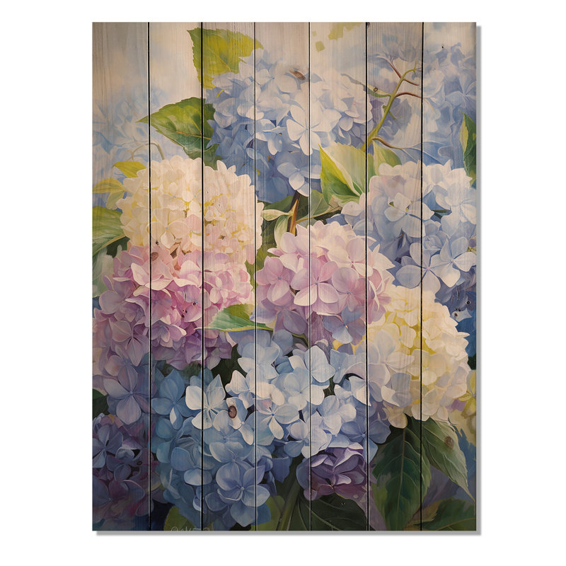 Hydrangées bleues et mauves éternelles I sur bois, H 32 po x l 24 po x P 0,78 po