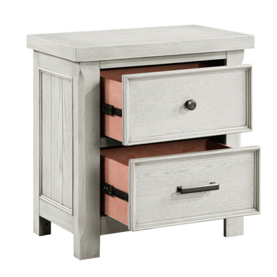 Table de chevet à 2 tiroirs de conception classique à finition grise, glissières à roulement, idéale pour la chambre à coucher, style bois, quincaillerie noir antique