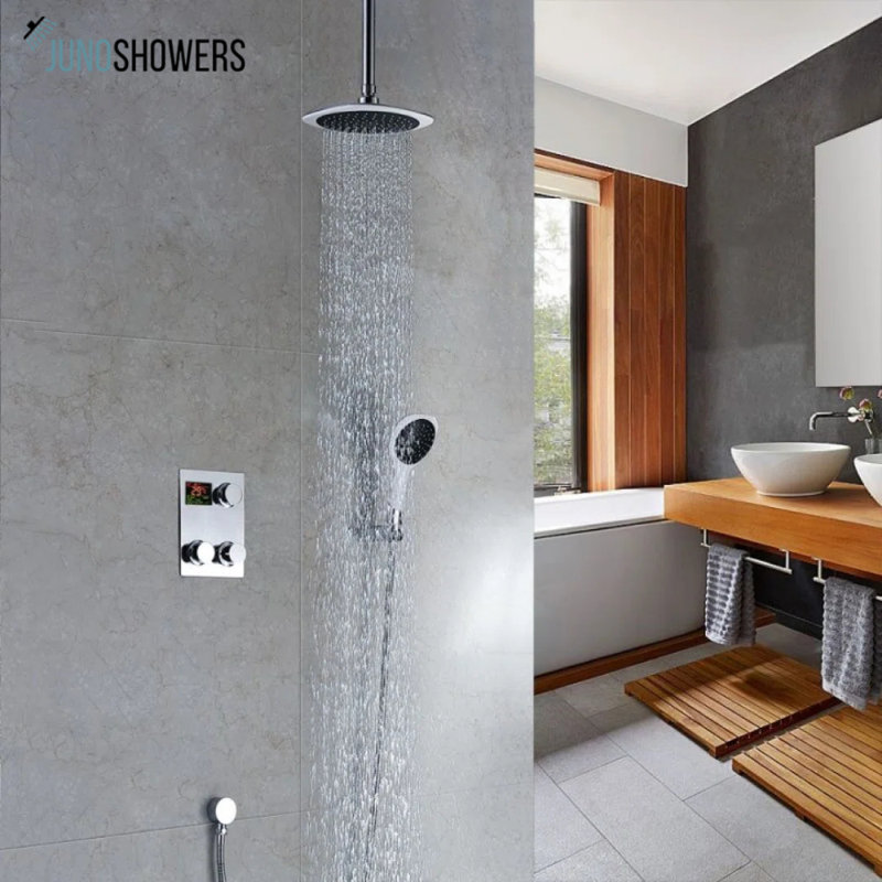 Système de douche de pluie numérique à fixation au plafond Juno, robinet mural thermostatique rond