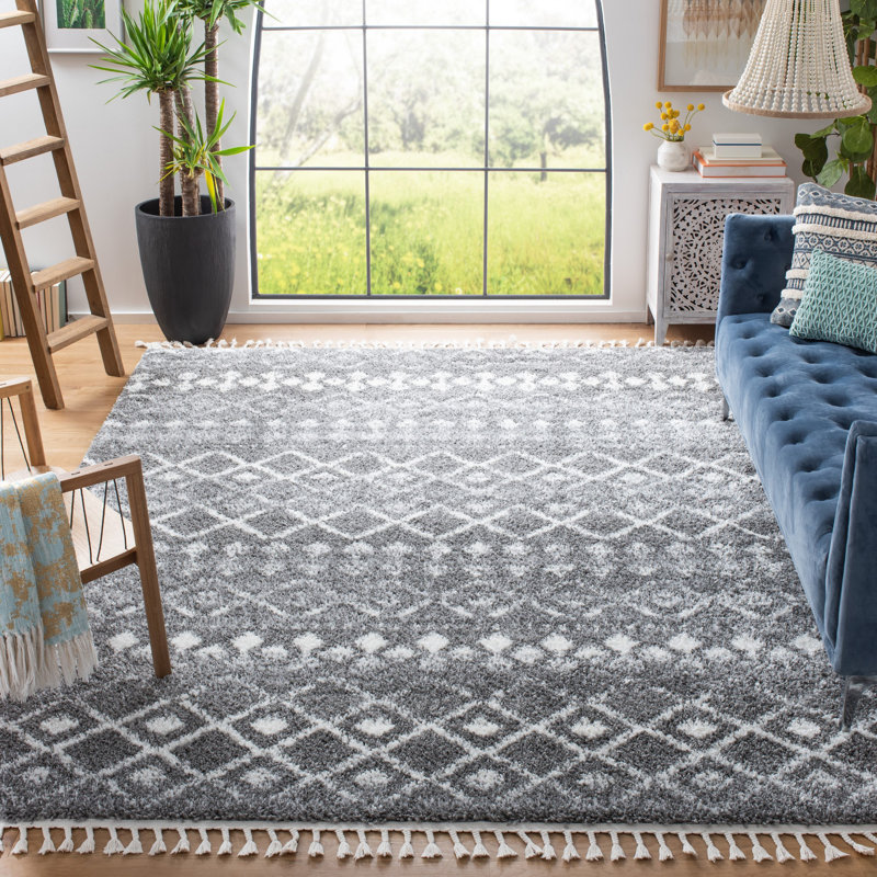 Ivory Trellis Shag 9' x 12' Hand-Knotted Synthetic Area Rug