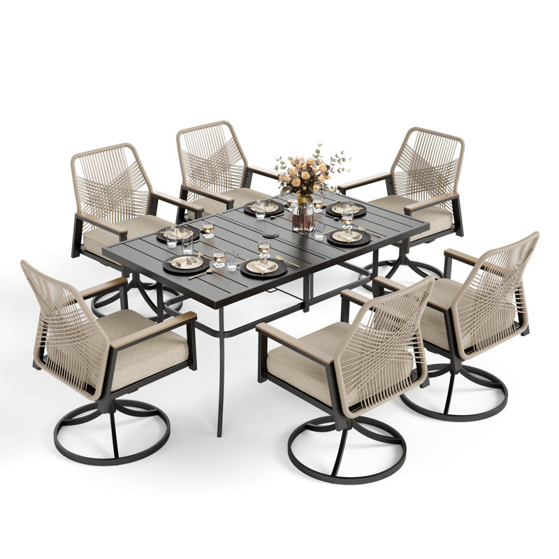 Ensemble repas extérieur pour 6 personnes avec chaises pivotantes et coussins