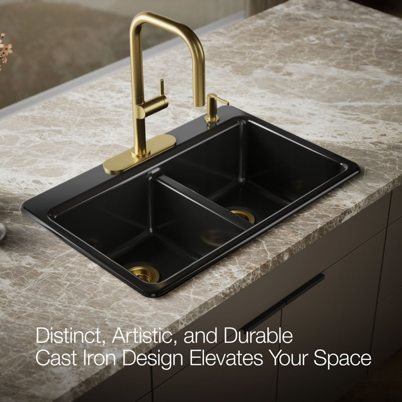 Riverby 33 In. Top-Mount Double-Bowl Kitchen Sink, Black, 4 hole, Double-equal bowls