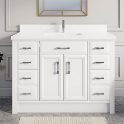 Capri Solid Wood 48" W x 22" D Single Sink Bathroom Vanity with Engineered Stone Top, Drawer Organizer, Undermount Ceramic Sink, Pre-Assembled (White) 