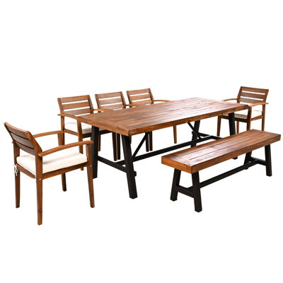 Outdoor Dining With Wood Chairs, Removable Cushions, Comfortable Ergonomic And Adjustable Feet 7 - Piece Furniture For 8 Individuals Bench, Indoor/outdoor Adaptability Feature