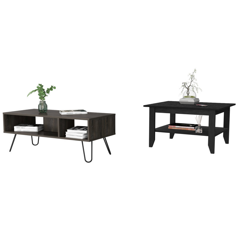 2 tables basses de salon en noir avec de larges tablettes et de solides pieds en épingle à cheveux