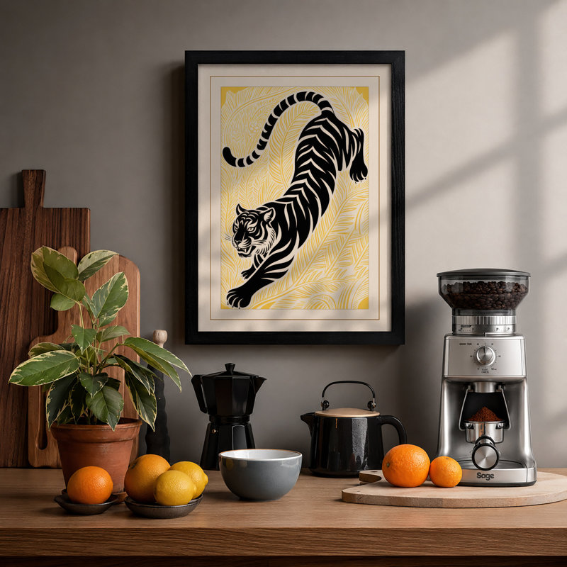 Stretching Tiger Japandi - Print, A1 - 84.1 x 59.4 cm, Black