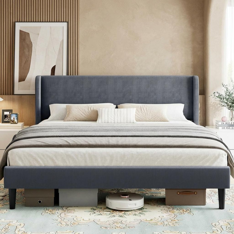 Structure de lit plateforme avec tête de lit tapissier à oreilles, aucun sommier tapissier requis, Très grand lit, Gris foncé