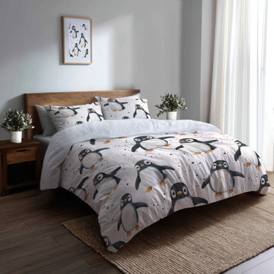 Kids Animals 3 Pcs Bedding Set - Arctic Soft Penguins Duvet Cover And Throw Pillow Set