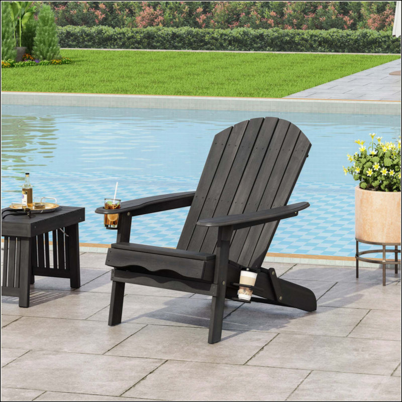 Classic Adirondack Chair With Folding Design And Cup Holders For Comfortable Outdoor Relaxation, Dark Gray