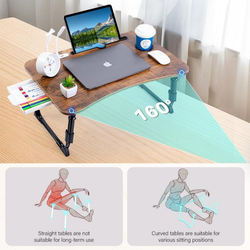 Bureau d'ordinateur portable pour lit, table de lit d'ordinateur portable à hauteur réglable, support de bureau portable pliable avec tiroir de rangement USB / porte-gobelet