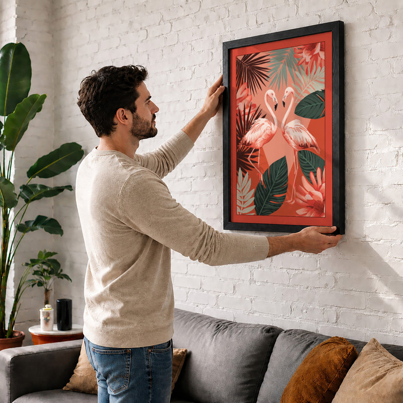 Flamingos in Bloom Tropical - Framed Print, A3 - 42.0 x 29.7 cm, Walnut