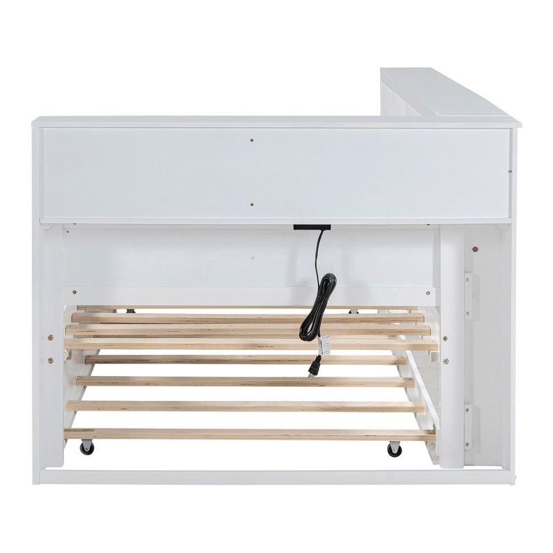 Lit de jour en bois avec couchette simple, lit de jour avec tablette de rangement et ports de charge USB, blanc