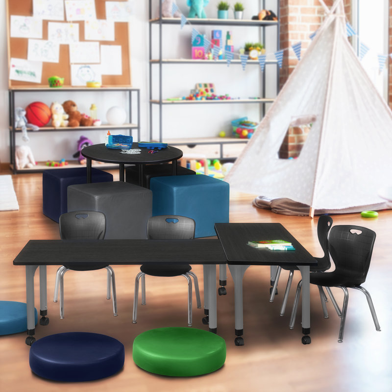 Table de classe réglable Kee Mobile, 2 chaises empilables et base Andy, Noir, gris, H 34 po x l 48 po x P 24 po