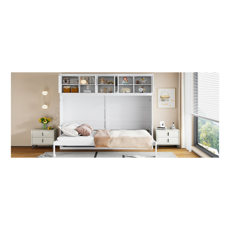 Grand lit escamotable mural avec armoires supérieures, blanc