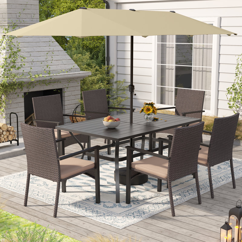 Rectangular Metal 6-People Patio Dining Set With Umbrella And Cushions, Beige