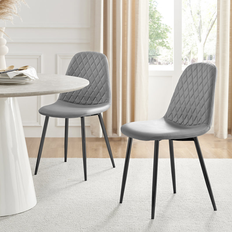 Morral Luxury Diamond Quilt Stitched Faux Leather Upholstered Tapered Metal Leg Dining Chairs, Gray, Black