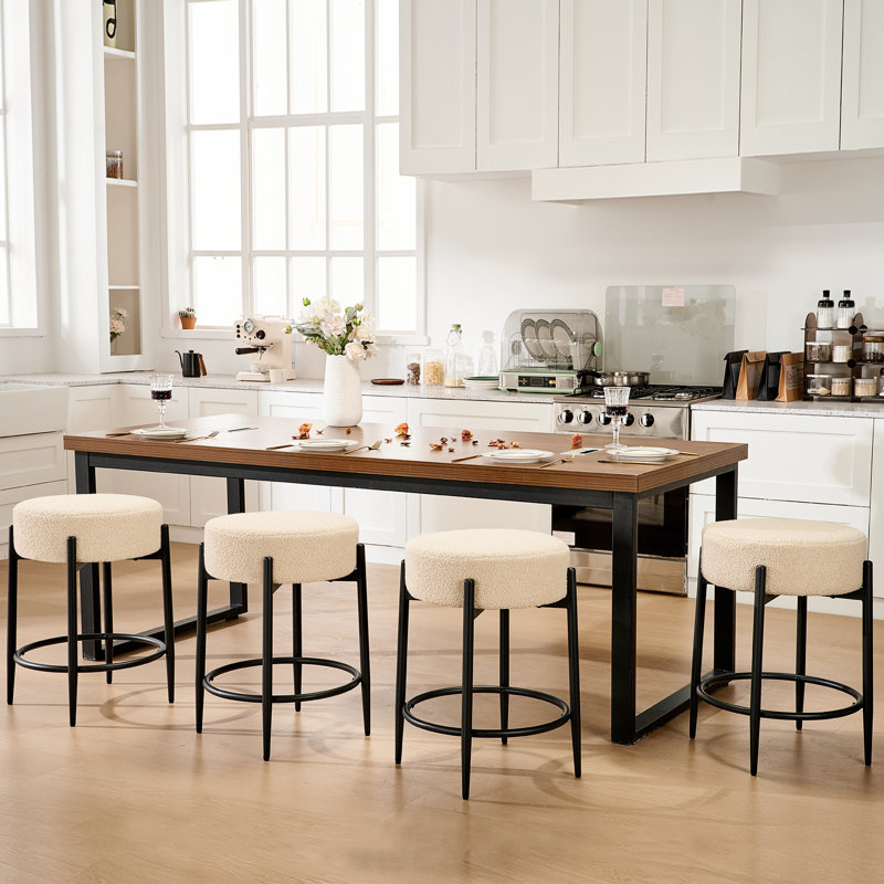 Modern Dining Chair Set, 23.6" Counter Height Stools with Round Soft Padded Boucle Backless Seat, Beige
