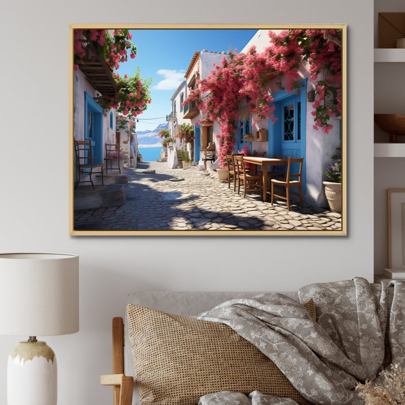 Grèce, Grèce, île grecque, art mural, H 30 po x l 40 po x P 1,5 po, Cadre flottant érable