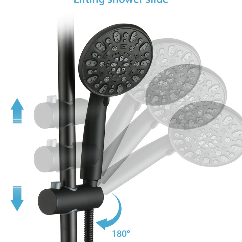 Pomme de douche à main à 7 jets et douche à effet pluie de 5 pouces, barre coulissante ajustable de 26 po, 1,8 gal / min, installation, acier inoxydable ABS noir, pomme à angle réglable, 7 jets pour une douche énergisante avec,