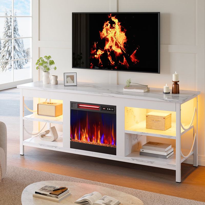 Electric Fireplace TV Stand Fit For Tvs Up To 65 Inch Gaming Entertainment Center With Open Storage Shelves, White