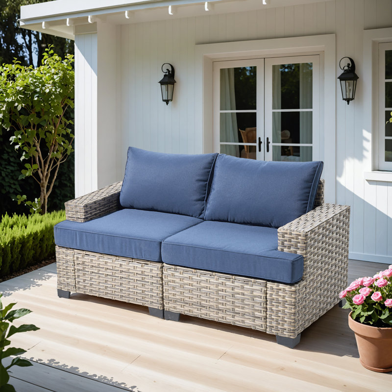 Ensemble de canapé modulaire d'extérieur en osier avec coussins, Bleu denim
