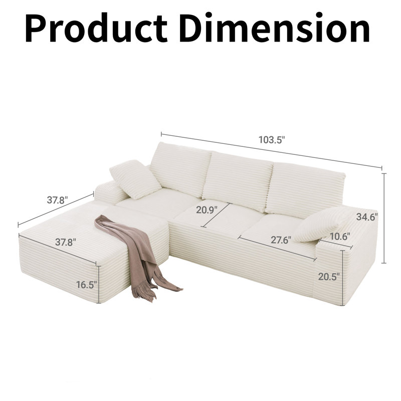 Boneless 103.5" Cloud Sectional Boneless Sofa Modern L Shaped Corduroy Modular Compression Couch With Ottoman, No Assembly Required