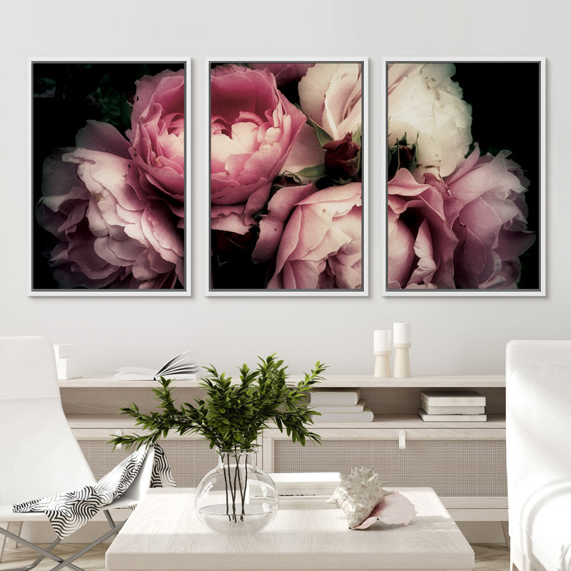 Large Framed Geometric Pink and White Peony Canvas Print Set