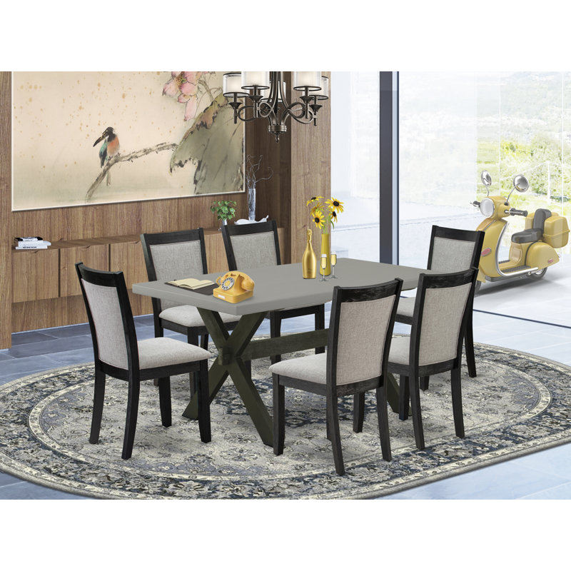 Ensemble de meubles de salle à manger 7 pièces comprenant une table de salle à manger rectangulaire avec pieds en X et 6 chaises Parsons en tissu Shitake, noir brossé