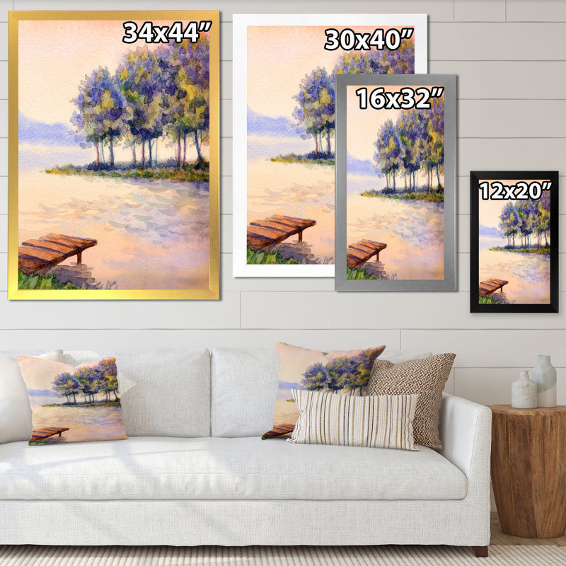 «Colorful Sunset Trees over the Lake», reproduction sur toile, Toile argentée avec cadre d'angle fermé, H 32 po x l 16 po