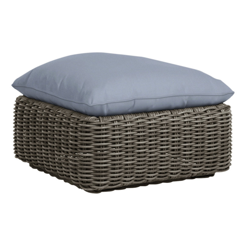 Montecito Outdoor Ottoman with Cushion, Welt, Raffia, Arbor Chambray