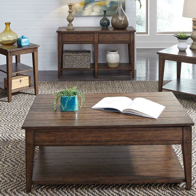 Rustic Brown Oak Rectangular Tiered Storage Table