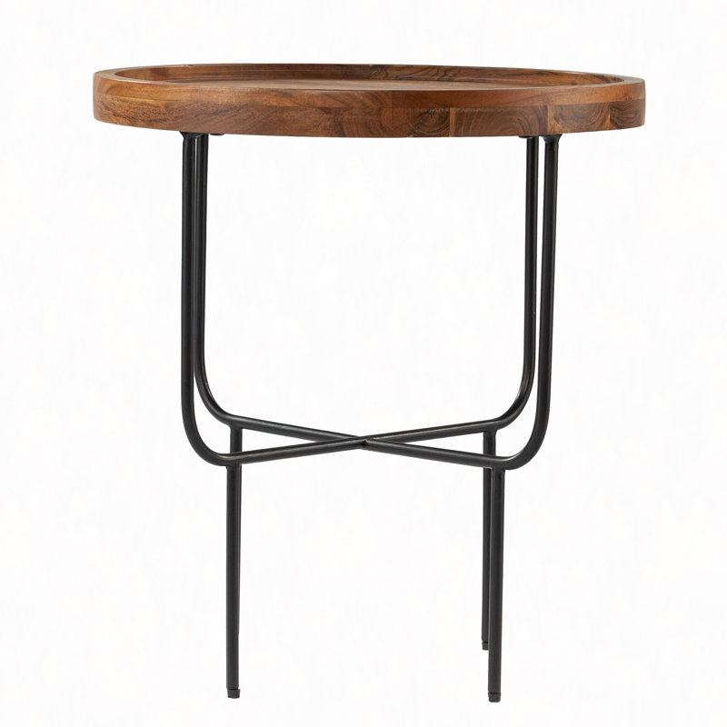 Table de bout ronde Modern Farmhouse, plateau en bois massif et base en fer, table d'appoint bicolore pour le salon