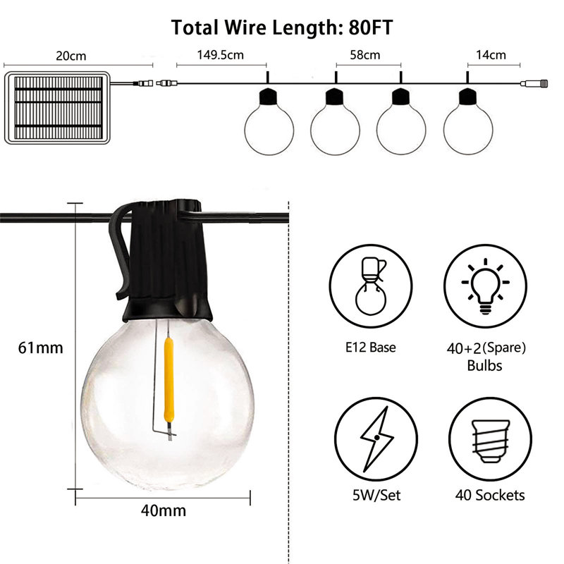 Alitsia 2438.4cm Solar Powered 42 - Bulb Festoon Lights String Light